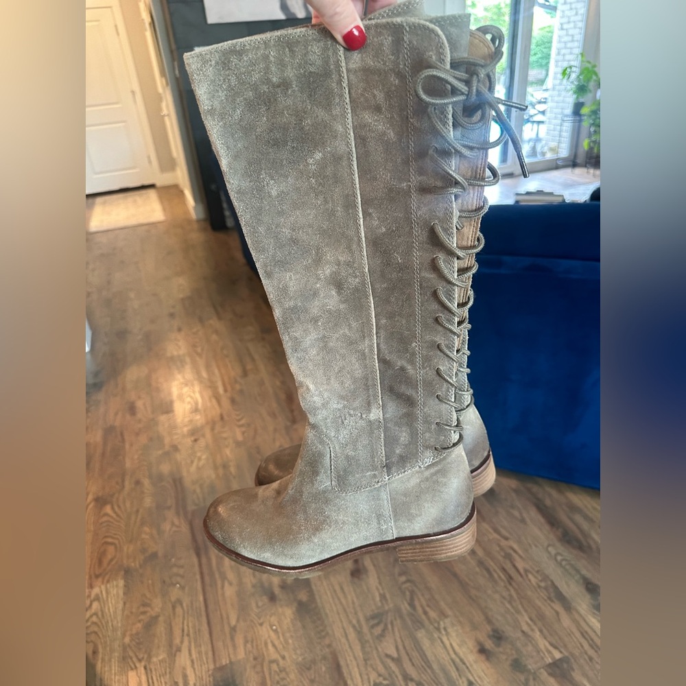 Sofft Sharnell II Boot Gray Suede Knee-High Boots Lace Up Back Leather - Picture 2 of 9